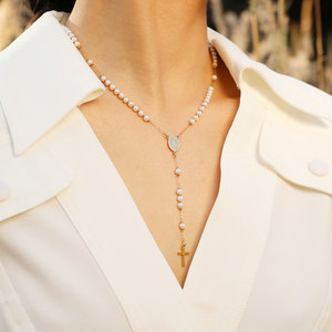 สร้อยคอยาวประดับไข่มุกและไม้กางเขนพระแม่มารี สแตนเลสสตีล ขายดี ดีไซน์เรียบหรู กันน้ำ ชุบทอง 18k - Product Image 4