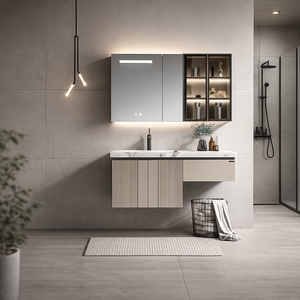 <span class=keywords><strong>Meuble</strong></span>-lavabo mural gain de place aux proportions équilibrées, avec panneau cannelé et étagères ouvertes, en tons neutres - Product Image 1