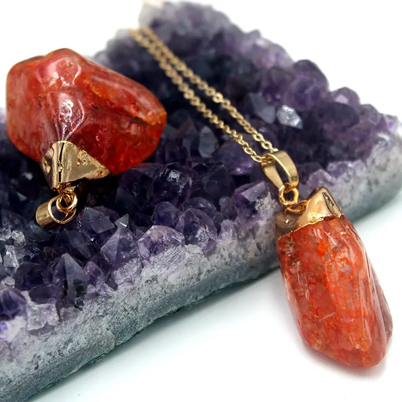 Gold Plated Red Jade Crystal Natural Gemstone Pendant Necklace Quartz Brass Chain Polychromatic Pendant Red Gemstone For Women