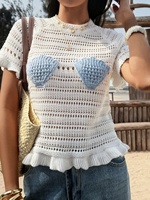 Top de Punto Estilo Sirena para Mujer, Verano 2026, Manga Corta, Transpirable, Cuello Redondo, Detalle de Concha 3D, Suéter con Detalles en Crochet