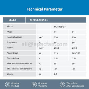 Ventilador Axial de Enfriamiento con Rotor Externo y Rodamiento de Bolas para Inversor, 250mm, 230VAC, 115W, 0.51A, 2550RPM, Modelo A2E250-AE65-01 - Product Image 3
