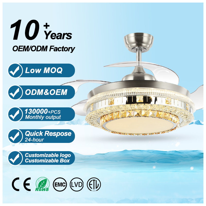 High Quality Luxury Crystal Ceiling Fans Light and Remote Control 42inch Invisible Crystal Ceiling Fan Lamp LED Fan Light