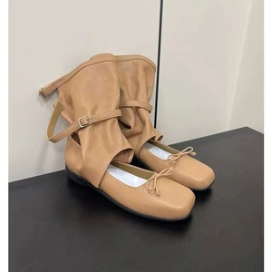 Black Genuine Leather Square Toe Ballet Flats <b>With</b> Adjustable Strap And <b>Bow</b> Decoration Slip-On Flat <b>Shoes</b> For Women - Product Image 2