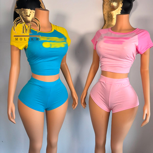 Pantaloncini estivi firmati da <span class=keywords><strong>donna</strong></span> Set stampa Top corto e Shorts 2 pezzi Set Casual <span class=keywords><strong>Streetwear</strong></span> in due pezzi per <span class=keywords><strong>abbigliamento</strong></span> <span class=keywords><strong>donna</strong></span> - Product Image 1