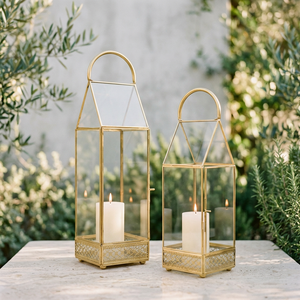 Golden Brass <b>Hurricane</b> Candle Holder with Glass Panels and Decorative Base Handmade Modern Design for Home Decoration - Product Image 3