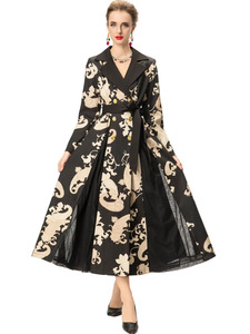 Cappotto trench a doppio petto con colletto abbassato, <span class=keywords><strong>maniche</strong></span> <span class=keywords><strong>lunghe</strong></span>, stampa elegante, patchwork, <span class=keywords><strong>marrone</strong></span> scuro, lungo, da donna. - Product Image 1