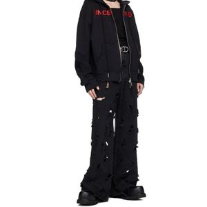 Denim <b>Jeans</b> Pants Custom Black Fray Distressed Cut Out Destroyed 100% Cotton <b>Wide</b> <b>Leg</b> Baggy Denim <b>Jeans</b> <b>Men</b> - Product Image 4