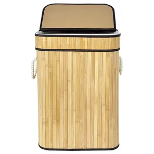 Home Double Laundry Hamper with Lid and Cloth Liner Bamboo Natural Easily Transport Laundry Basket