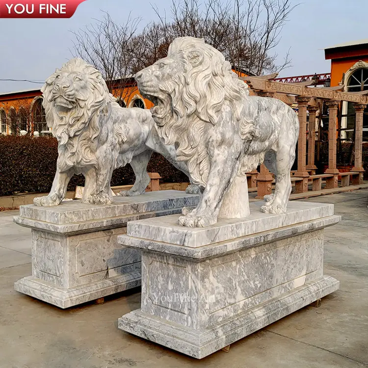 Statue d'animal de taille réelle, décoration extérieure, Sculpture en pierre de marbre naturel, Lion rugissant, à vendre