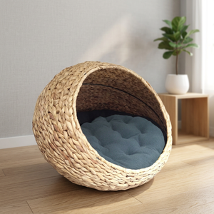 Cama para Gatos de Bambú Tejida a Mano, Redonda, de Color Sólido, con Cojín Extraíble y Lavable, para Interiores, para Todas las Estaciones, Estilo Minimalista - Product Image 3