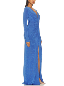 Vestido plisado azul para mujer, nuevo diseño 2026, corte ajustado, abertura frontal, largo hasta la pantorrilla, vestido largo - Product Image 4