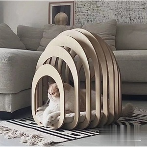 Creative Curved Design Solid Wood Cat <b>Bed</b> Oval Natural Wood Color Faux Fur Fill Cat <b>House</b> - Product Image 2