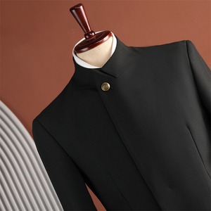 Costumes sur mesure de haute qualité, sur mesure, formels, marron foncé, col mandarin, coupe ajustée, 2 pièces pour hommes - Product Image 5