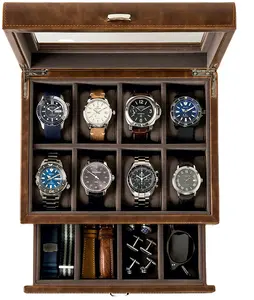 Venta al por mayor reloj de madera caja de lujo de cuero PU reloj caja de embalaje personalizado con logotipo casos pantalla Multi-posición de caja de reloj