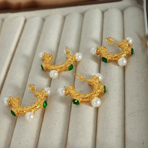 Geometric Huggie <b>Earrings</b> Gold With <b>Green</b> Stones And Pearls For Party Wear - Product Image 2