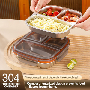 3 Compartment Stainless Steel Bento <b>Lunch</b> <b>Box</b> With Plastic Lid Leakproof Food Container For Adults Modern Rectangle Design - Product Image 1