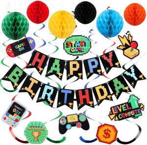 Decoración de <span class=keywords><strong>Cumpleaños</strong></span> con Temática de Videojuegos, Pancarta de <span class=keywords><strong>Feliz</strong></span> <span class=keywords><strong>Cumpleaños</strong></span> |   Decoraciones de bolas y remolinos de nido de abeja Rainbow Video Game para niños y adultos. - Product Image 1