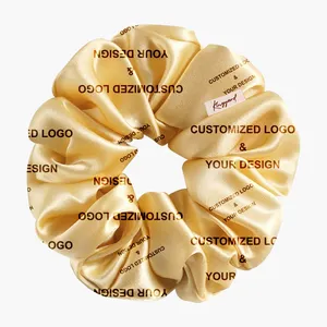 Üreticileri toptan boy xl saten saç bağları kişiselleştirilmiş özel logo bambu ipek baskılı scrunchies