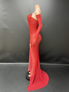 Novance Y4882-G <span class=keywords><strong>Abito</strong></span> da Sera <span class=keywords><strong>Elegante</strong></span> da Donna in Rete Trasparente Aderente con Strass Rosso e Guanti - Product Image 5