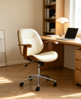 Chaise de bureau de luxe en crème avec accoudoirs en bois, réglable en hauteur, pivotante, avec roulettes