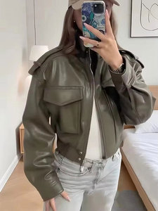 ZEVITY 2026 <strong>Women</strong> Faux Leather Spring Autumn Short Cropped Vintage Bomber <strong>Jacket</strong> with Pockets Long Sleeve Zipper Closure PU Tops - Product Image 3