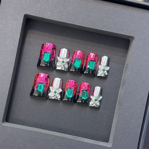 Ongles press-on faits main de haute qualité en acrylique <span class=keywords><strong>noir</strong></span> scintillant motif rose française, vente en gros - Product Image 2