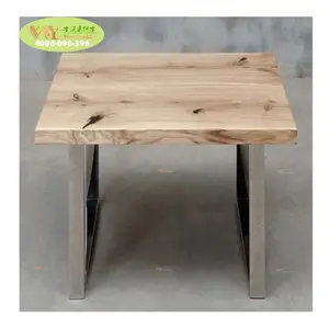 定制活边橡木咖啡桌，由乡村谷仓橡木制成，带不锈钢腿