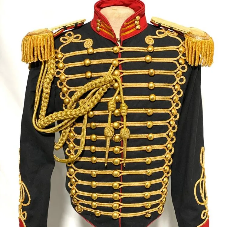 Jaket Upacara Umum Gaya Militer Hitam Merah, Jaket Emas Depan Kepang Seragam Napoleonik