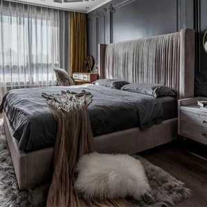 Light Luxury Assembled Pleated Velvet Fabric French Retro Nordic Wing High <strong>Backrest</strong> Double <strong>Bed</strong> <strong>for</strong> Master Bedroom Wedding - Product Image 6