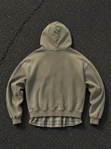 Sweat à capuche zippé vintage délavé pour homme, effet deux pièces, avec empiècements à carreaux sur le bas, coupe courte - Product Image 2