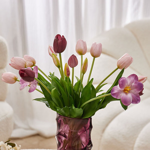 420x320x430mm Home Decor <strong>Table</strong> Centerpiece Realistic Artificial Flowers <strong>Tulip</strong> Bouquet with Textured Glass Vase Set - Product Image 4