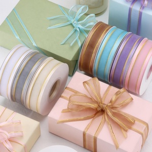 ริบบิ้นผ้าออร์แกนซ่าชีฟองลาย <span class=keywords><strong>Clarin</strong></span> ขอบสีทอง ขนาด <span class=keywords><strong>1</strong></span> นิ้ว แบบโปร่งแสง 25 หลา/ม้วน สำหรับงานฝีมือ ห่อของขวัญ งานปาร์ตี้ วันแม่ - Product Image 4