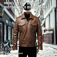Blouson de motard rétro marron en peau de mouton pour homme, imperméable, avec fermeture éclair, épaulettes, bretelles et col à revers, multi-poches frontales