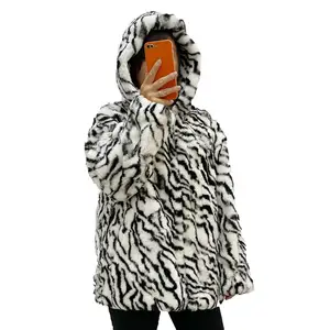Casaco de pele das mulheres quentes do inverno Leopard impressão patchwork hood Drop Shoulder Real Rex Rabbit Fur Jacket