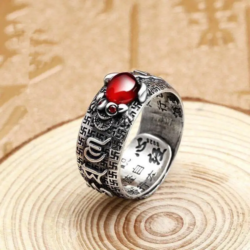 Chinees 2023 Gelukkig Geld Rijk Gezond Rood Kristal Piyao Pi Yao Pad Ring Boeddhisme Sieraden Verzilverd Open Pixiu Sieraden