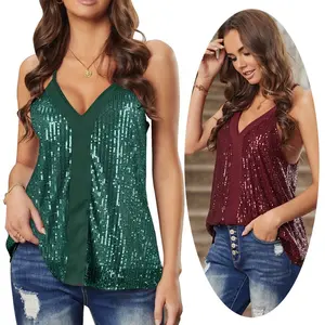 Womens Loose Blouses Red Sequin Shirt Black Vest Sparkly Tops Glitter Tunic Bling Sparkle Blouse White Tank Top