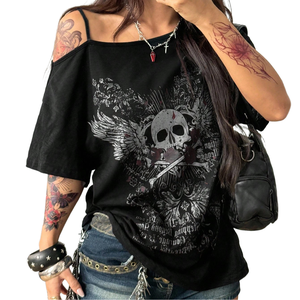 Trendy Women's Loose Black Gothic T-Shirt One Shoulder Spaghetti Strap <strong>Skull</strong> &amp; Wings Print Y2K Punk Grunge Streetwear Casual <strong>Top</strong> - Product Image 1