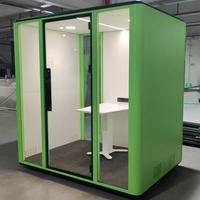 Cabine insonorisée moderne verte pour immeuble de bureaux - Pod de réunion et de conférence avec cadre en aluminium et éclairage LED