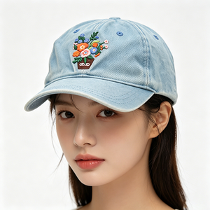 Casquette de baseball en jean délavé personnalisée, casquette de papa vintage en coton avec broderie florale, casquette décontractée ajustable en gros pour femme - Product Image 1