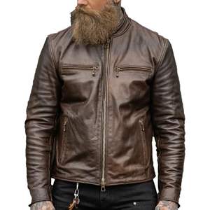 Veste en cuir classique pour homme, style Cafe Racer, manches longues, fermeture éclair, coupe ajustée, résistante au vent, style motard - Product Image 2