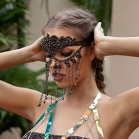 Masque de fête Halloween avec voile brillant, bijoux, strass, long pompon, couvrant tout le visage, avec strass de luxe, accessoire de tête