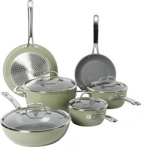 Juego <span class=keywords><strong>de</strong></span> 10 Piezas <span class=keywords><strong>de</strong></span> Utensilios <span class=keywords><strong>de</strong></span> Cocina y Sartenes <span class=keywords><strong>de</strong></span> Aluminio Forjado con Revestimiento Antiadherente <span class=keywords><strong>de</strong></span> Cerámica - Verde - Compatible con Inducción - Product Image 1