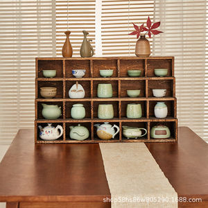 Solid Wood Display Shelf Tea Set Storage Rack Tiered Ornament Organizer For Office <b>Desk</b> Sets - Product Image 1