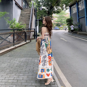American Retro Ethnic Style Oil Painting Graffiti Print Suspender Dress 2025 Summer High End Long Dress For Women - Product Image 4