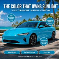 Film de protection de peinture (PPF) auto-cicatrisant en TPU coulé, couleur bleu Miami brillant, 7,5 mil, 1,5x15m, à faible adhérence, application à sec, vente en gros