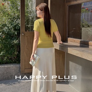 Camiseta de Talla Grande para Mujer Lucky Tea, Color Amarillo Mostaza, Cuello Cuadrado, Manga Corta, Color Sólido, Tejido Elástico, Corte Ajustado, para Uso Diario - Product Image 2