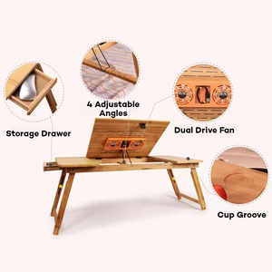 Soporte ajustable de bambú para ordenador portátil, mesa de estudio de madera, bandeja para cama, mesa plegable para portátil para adultos y niños con ventilador de cajón - Product Image 3