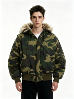 Veste bomber en toile personnalisée de haute qualité avec impression numérique camouflage, coupe ample, fermeture éclair et capuche en fourrure, pour l'automne