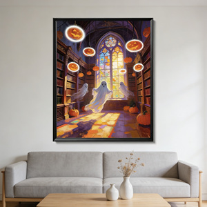 Art mural moderne imprimé <span class=keywords><strong>sur</strong></span> le thème d'Halloween, encadré dans du bois, orné <span class=keywords><strong>de</strong></span> motifs magiques et <span class=keywords><strong>de</strong></span> citrouilles, idéal pour la décoration intérieure. - Product Image 6