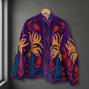 Blazer en velours violet brodé de fleurs, col mandarin, manches longues, vêtements d'extérieur pour femmes, automne, style bohème, fait main - Product Image 4